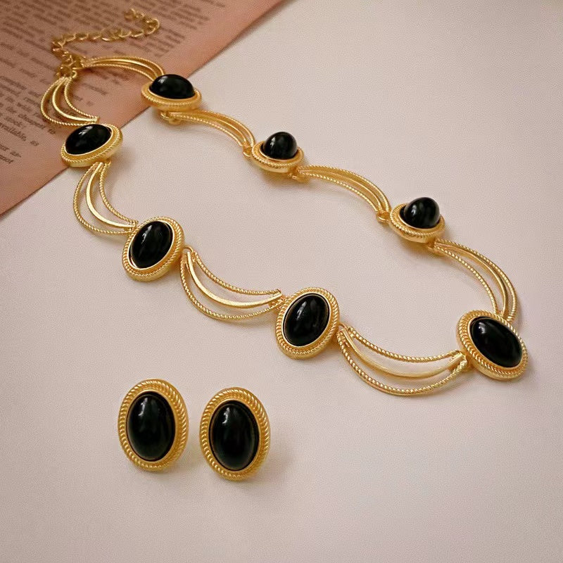 High-end black sapphire necklace and earrings set