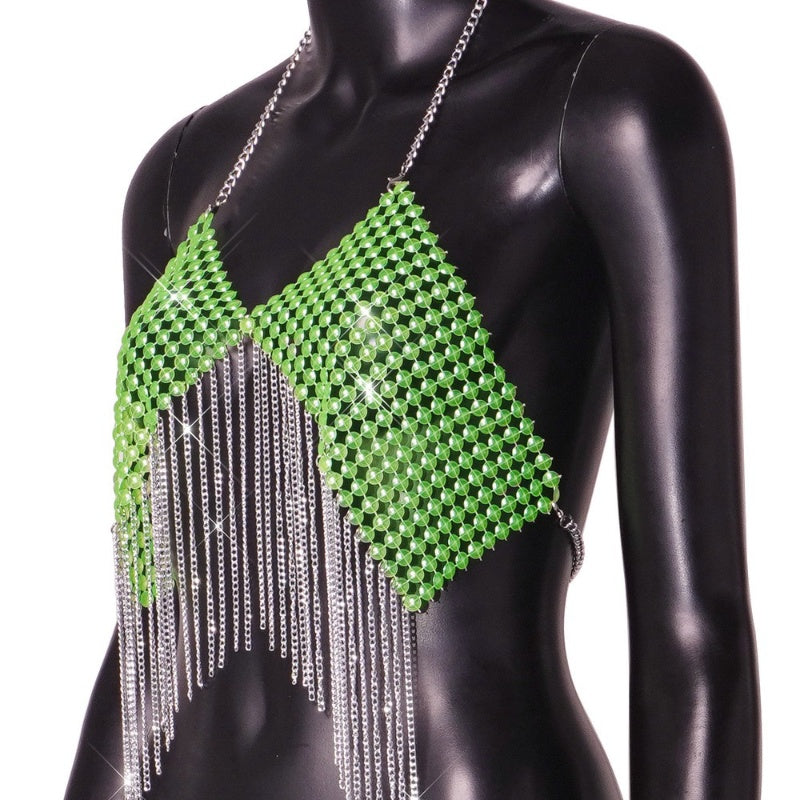 Bra Chain: Soft Green Beaded Fringe Halter