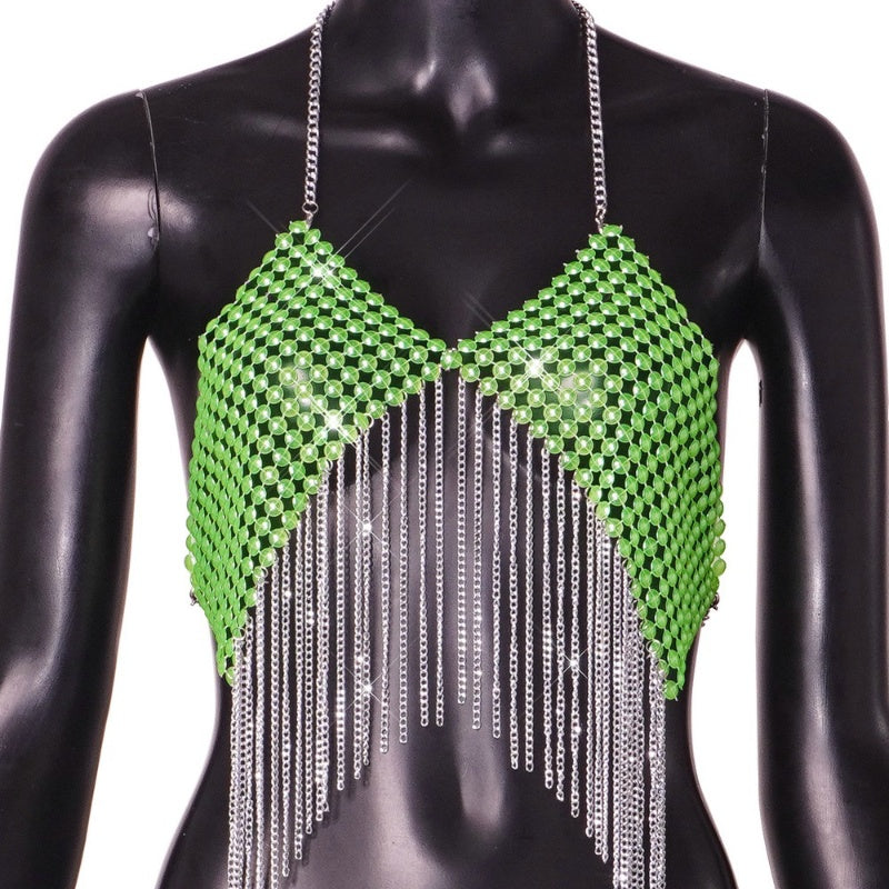 Bra Chain: Soft Green Beaded Fringe Halter