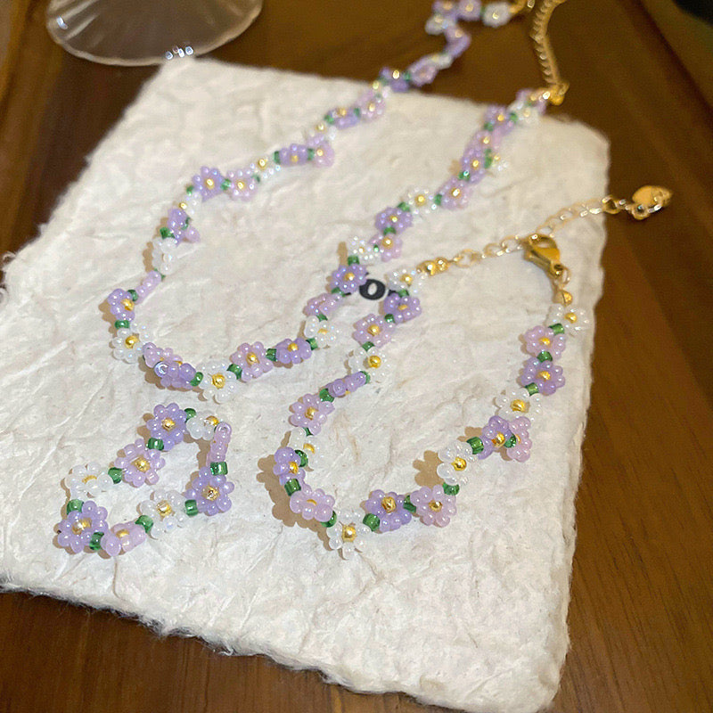 Purple Small Flower Necklace, Bracelet, and Ring Jewelry Set